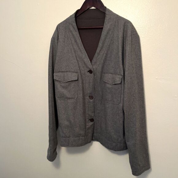 Handmade Merino Wool Knit Reversible Chest Pocket Cardigan, Dark Olive/ Gray- M - Picture 1 of 9